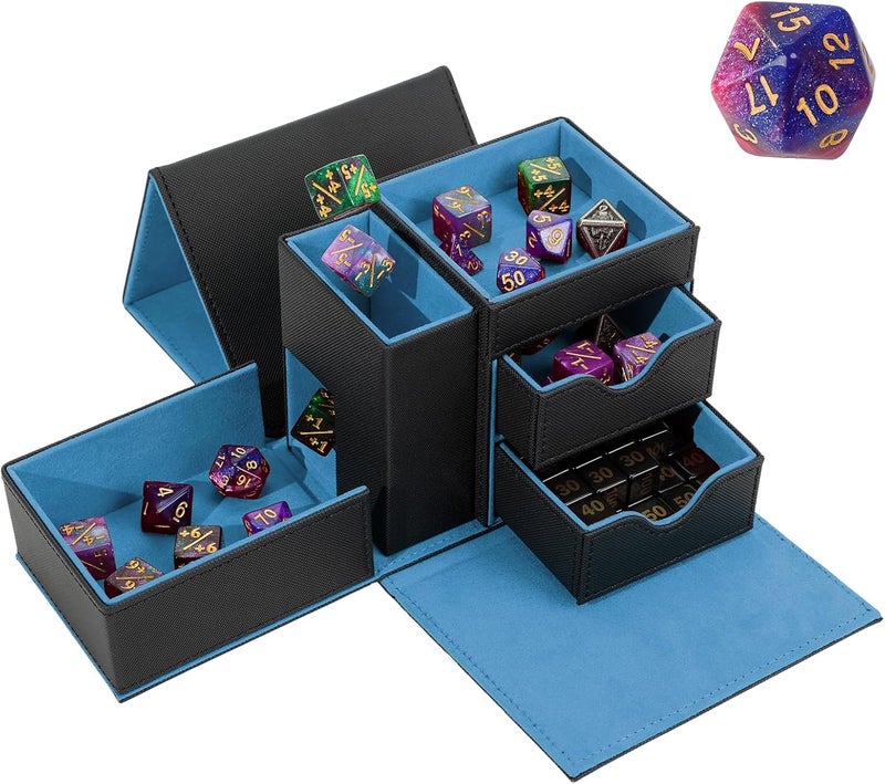 Stepane Dice Tray & Dice Tower Storage Box, 3 in 1 Dice Holder Case (Dice Rolling Tray, Dice Rolling Tower, Dice Storage Drawers), Leather Magnetic Closure DND Accessories Gifts for RPG MTG, Black/Blue - Image 1